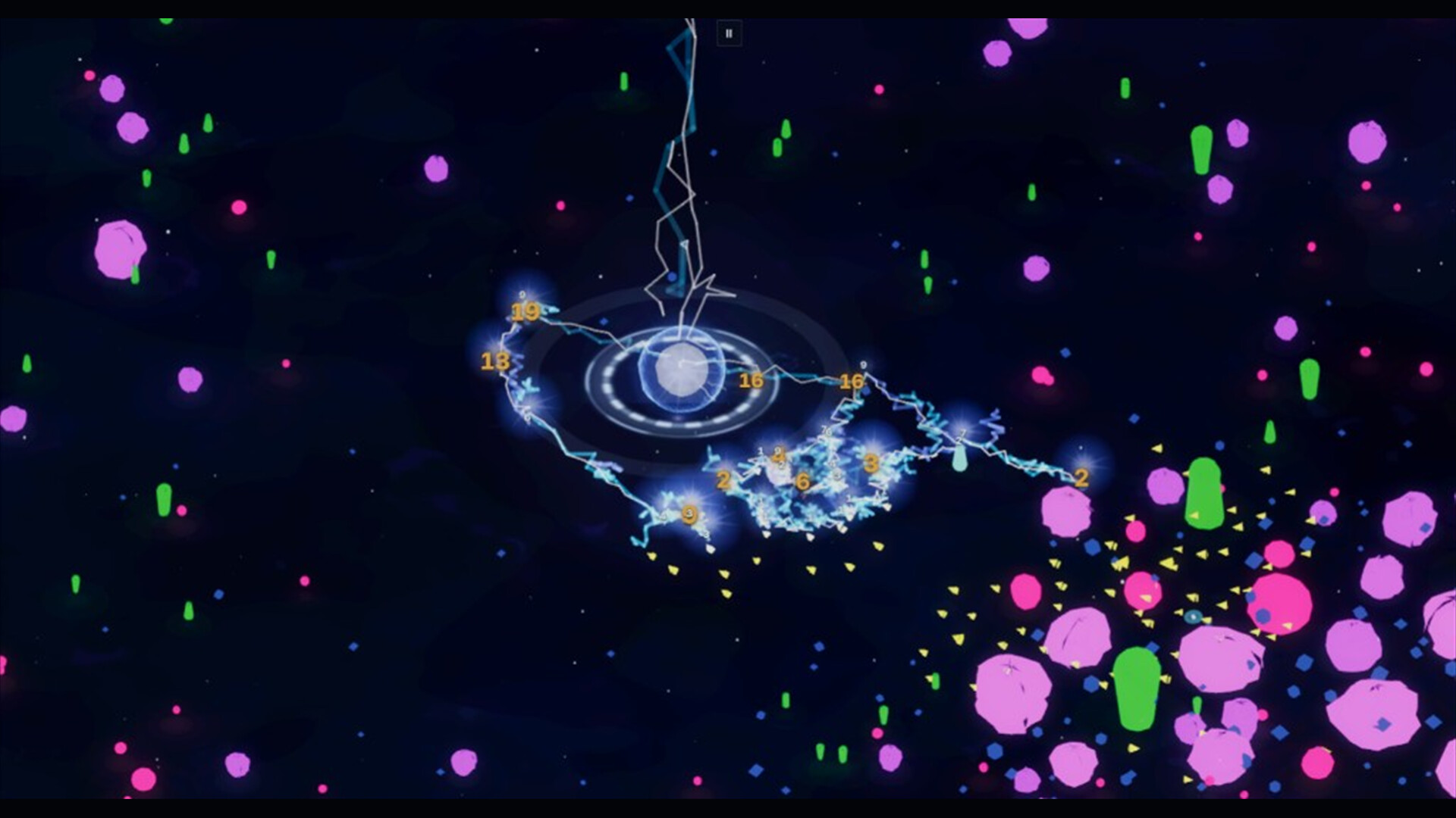 Primordio is an abstract game about chain lightning that just evolved a seasonal setup